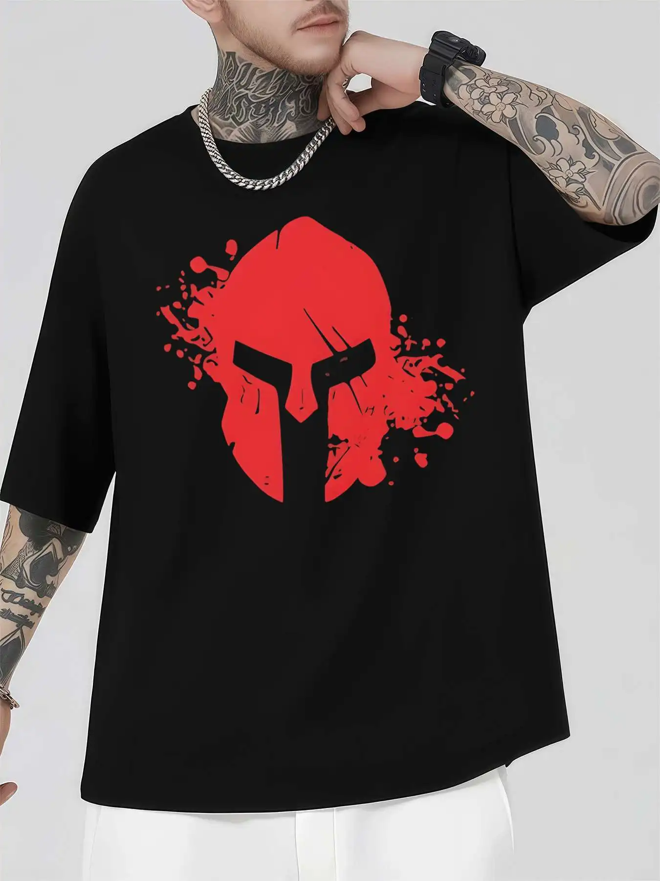

Spartan Helmet Graphic Tee Men's 220gsm New Summer Casual Crew Neck Pure Cotton Short-Sleeved T-Shirt
