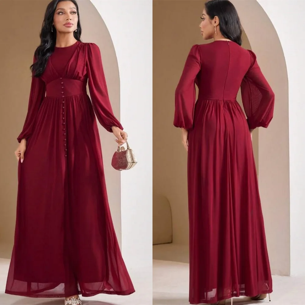

Customized Exquisite Burgundy Chiffon Evening Dress Luxury Crew Neck Long Sleeves Zipper Back Buttons Bespoke Occasion