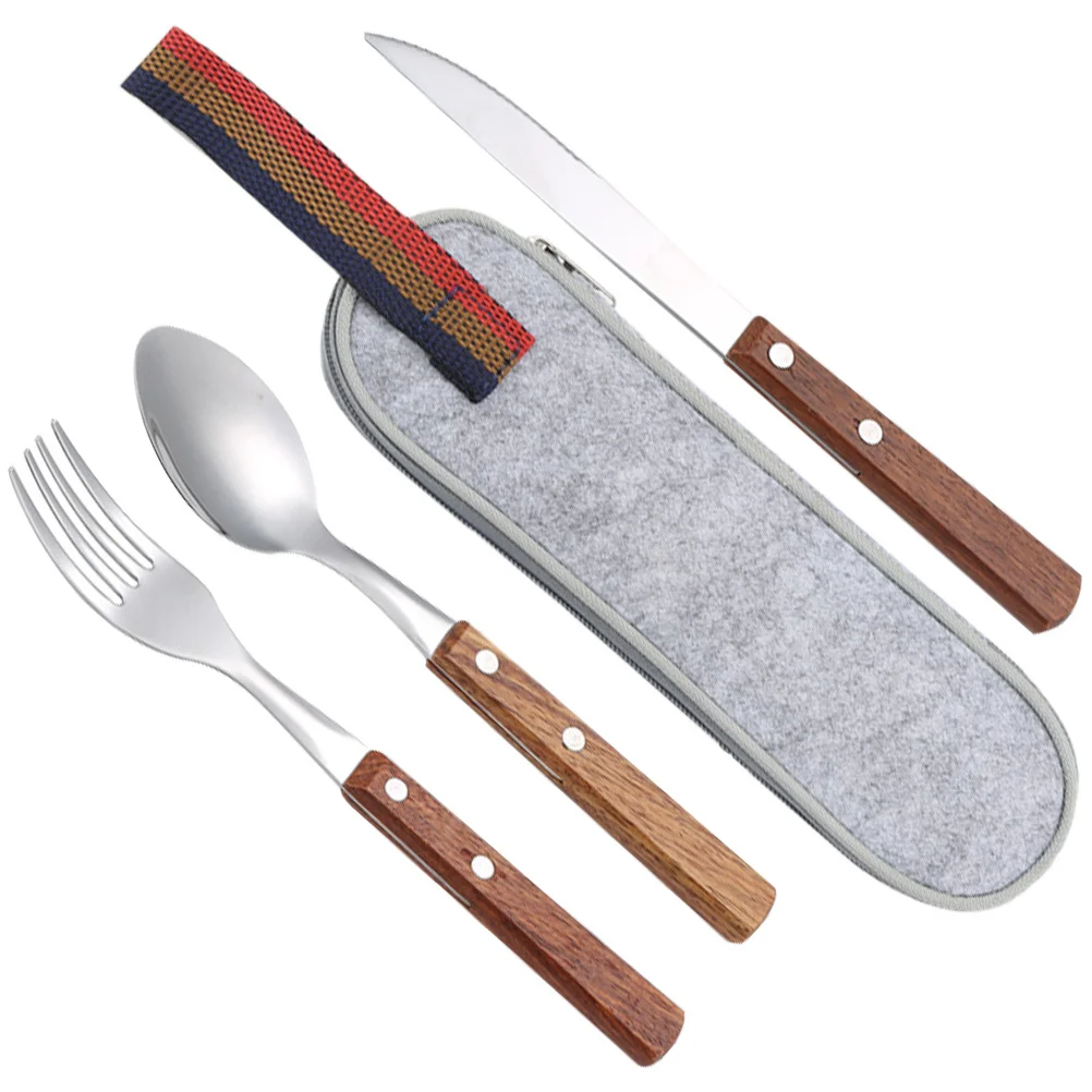 

1Set Camping Tableware Fork Cutter Spoon Set Durable Stainless Steel Wood Travel Utensil Set Portable for Picnic Camping