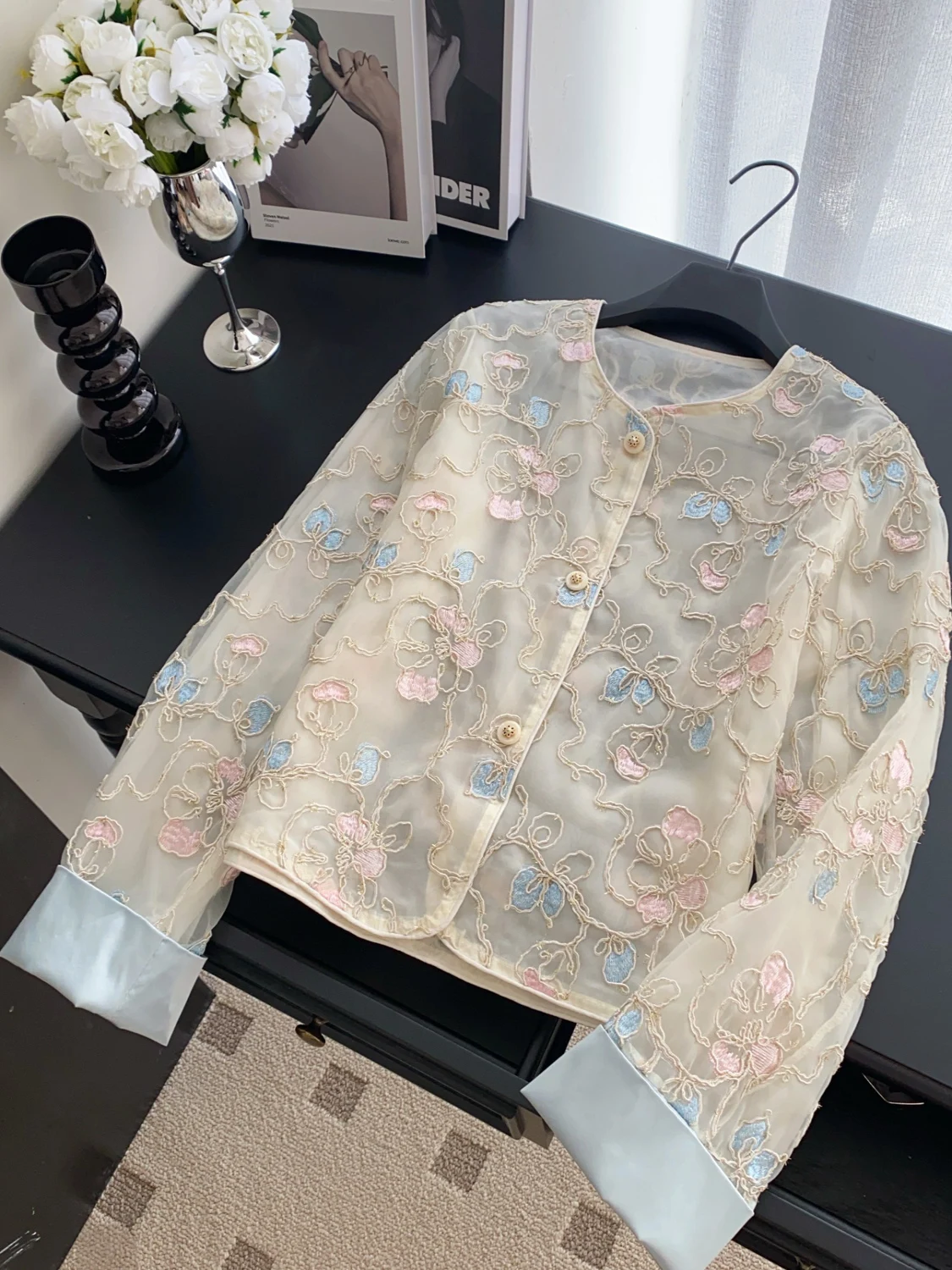 

Ele Embroidered Heavy Work Long Sve Net Coat for Women New 2025 Chinese Sle Versatile Open Cardigan Top Trendy Commute