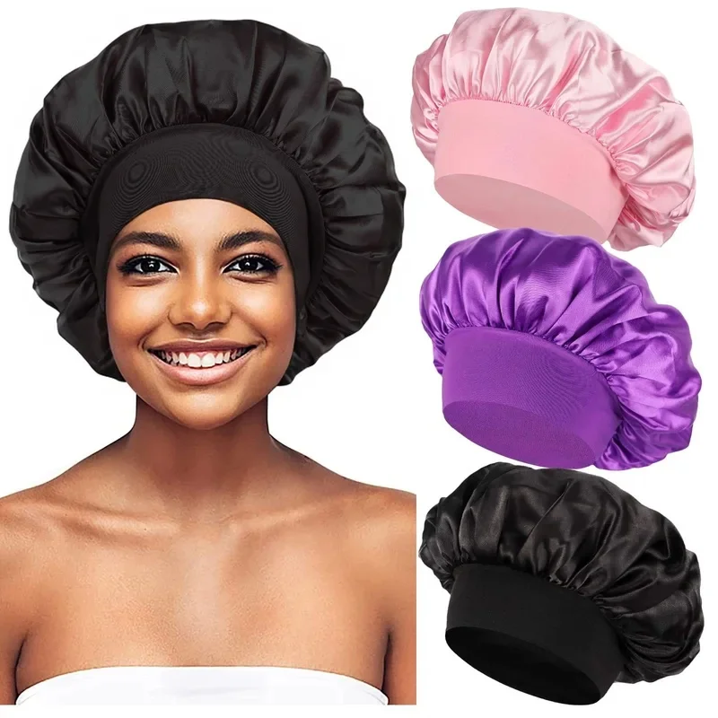1/2/3/4Pcs Satin Bonnets Night Sleeping Cap Elastic Wide Soft Band Colorful Silk Hat For Curly Hair Care Beauty Makeup For Women