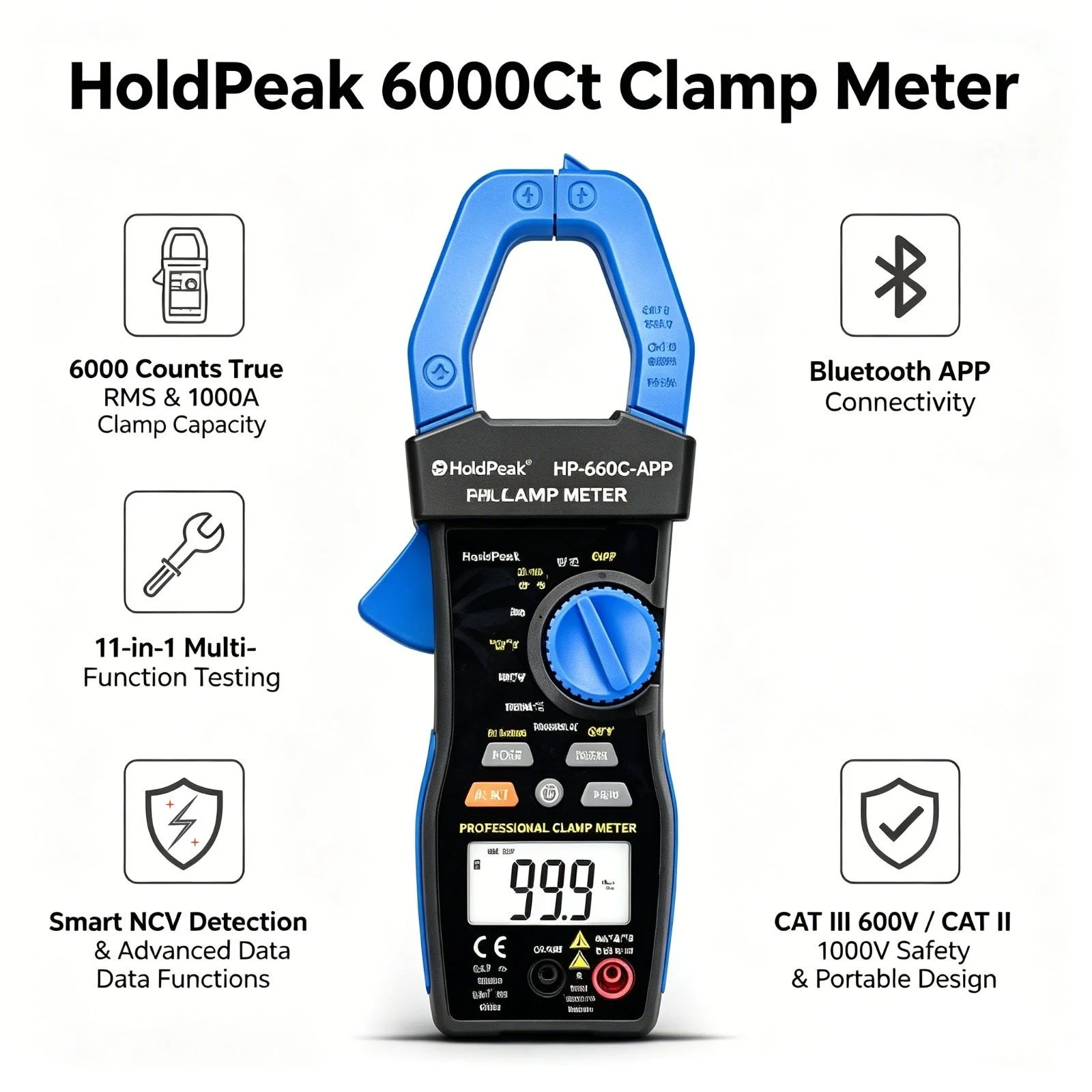 

Clamp Meter HoldPeak 6000 Counts True RMS Bluetooth Data Record CAT II 1000V For Automotive HVAC Electrical Repair