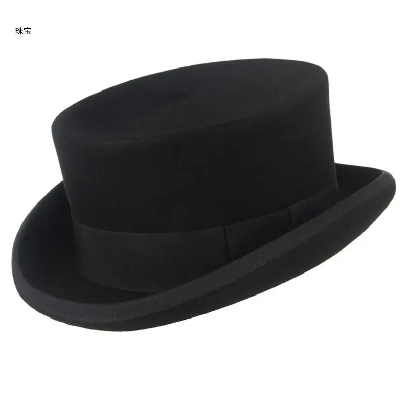 X5QE Vintage Black Top Hat Woolen Felt Panama Hat Cosplay Costume Role Play Headwear