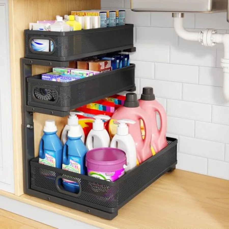 

Under Sink Organizer, 3-Tier Thickened Metal Pull out Cabinet Organizer Shelf, Height Adjustable Slide out Storage Drawer Rack