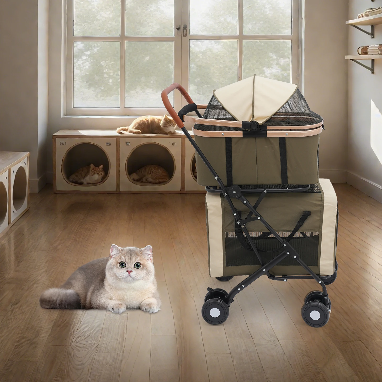 Dubbeldekker kinderwagen voor 2 katten of kleine honden, capaciteit van 77 lbs, afneembare huisdierdraagtas met ademend gaas en zacht kussen