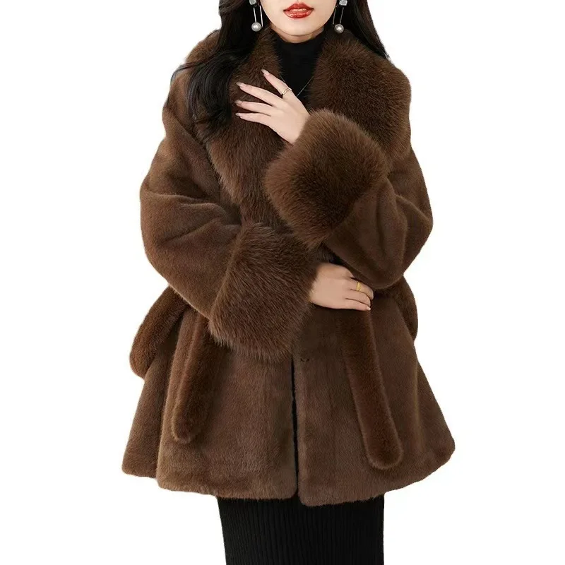 Luxurious Faux Fur Brown Coat Plush V-neck Long Sleeve Loose Warm Jackets Winter Elegance Textured Outerwear with Belt Jacket