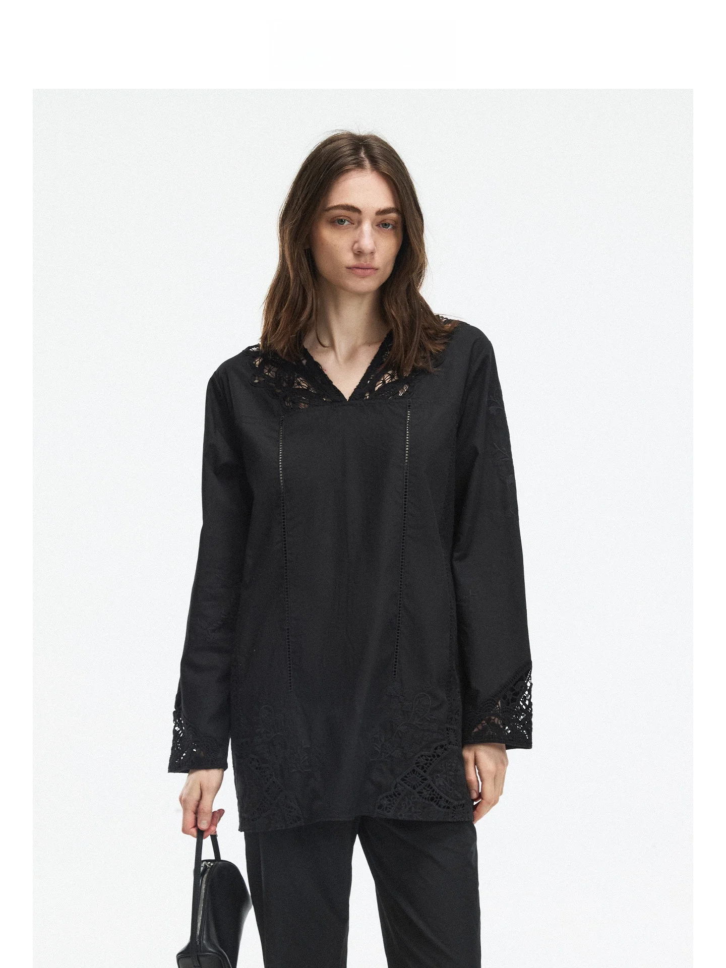 

Женская свободная дышащая блузка Mincollection Lin Zhi Qing с вышивкой, кружевом, цветочным узором и V-образным вырезом, с длинными рукавами