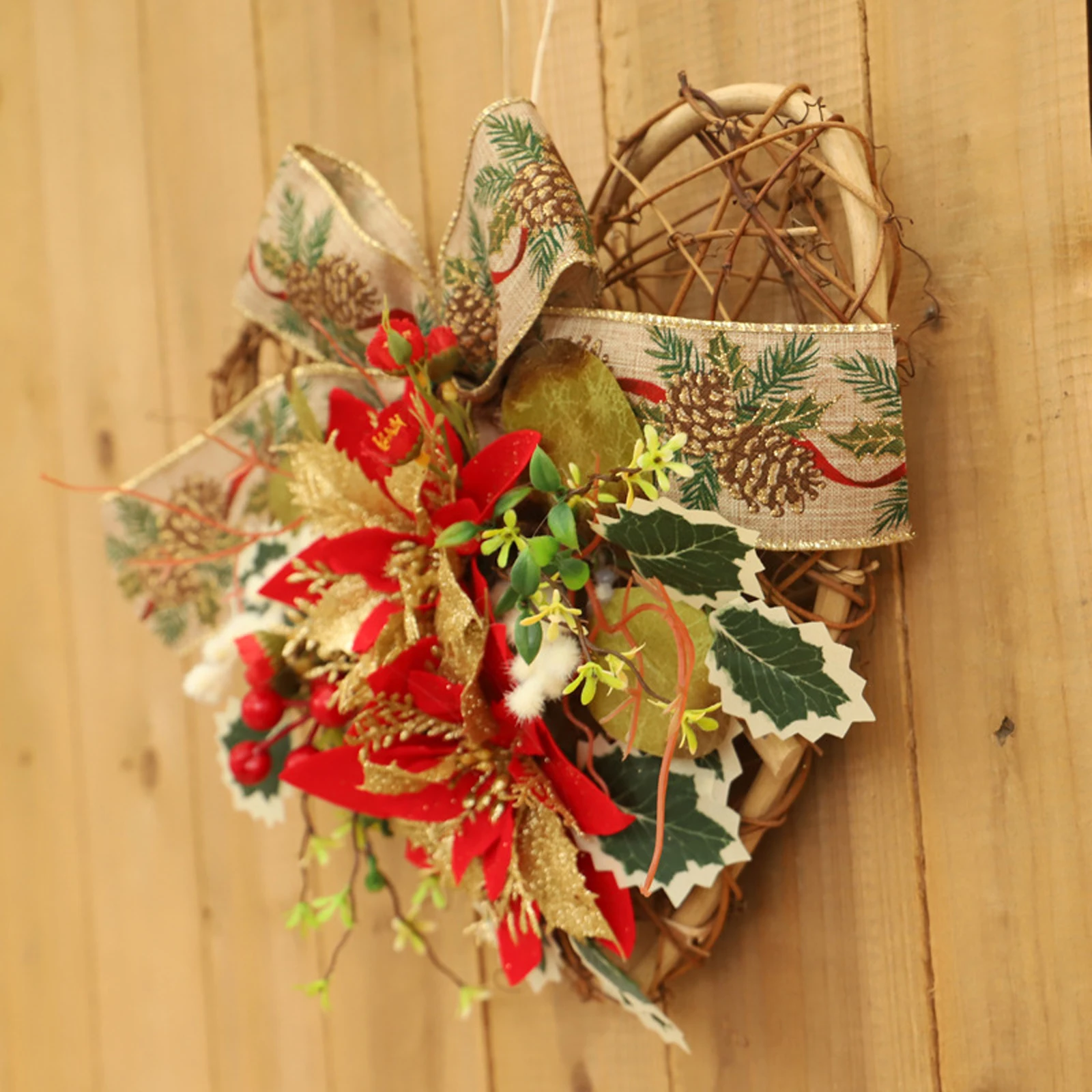 

1pc Heart-Shaped Christmas Wreath Pendant Artificial Plant Decor Wall Door Festival Hanging Xmas Wreath Party Decoration Fake