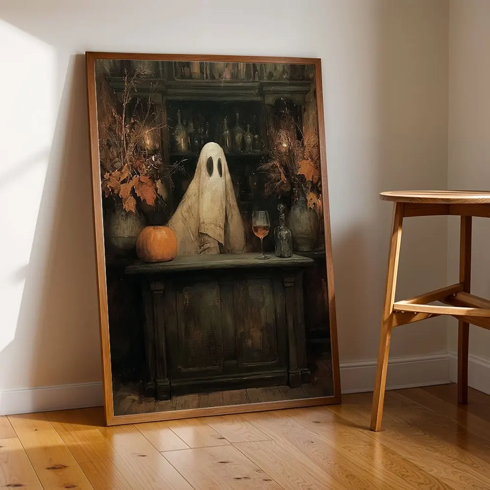Vintage Ghost At Bar Canvas Print, Dark Academia Halloween Ghost Wine Pumpkin Oil Painting Poster, Unframed Canvas Wall Art Goth