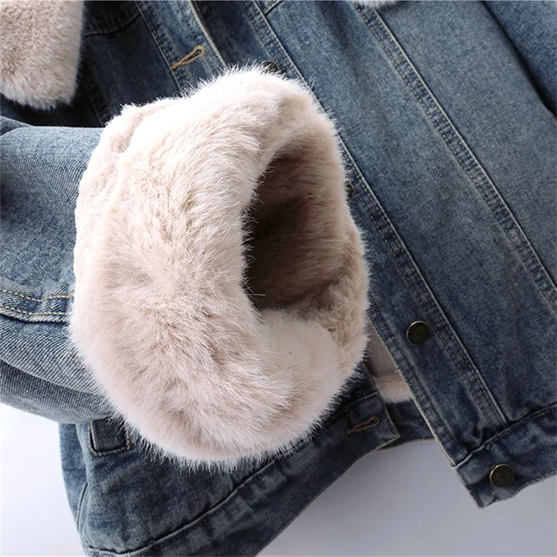 

Winter New Thick Warm Beige Coffee Color Faux Rabbit Fur Liner Denim Jacket Loose Big Lapel Long Sleeve Cowboy Outerwear Female
