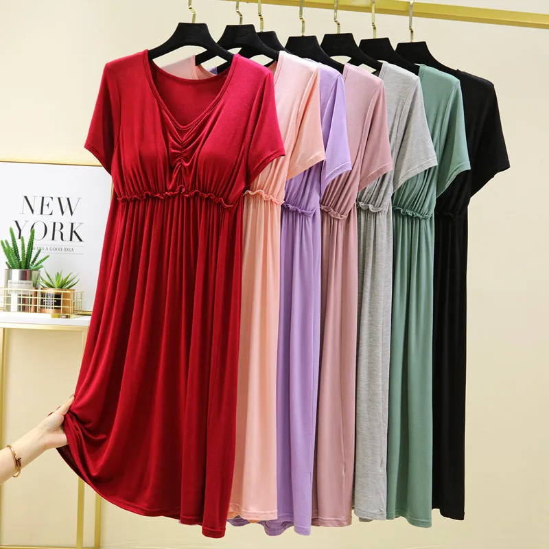 Summer Short Sleeve Modal Dress Women's Loose A-Line Home Dress Over-Knee Inner Wear Base Dress Casual Home Style V-Neck Soli...