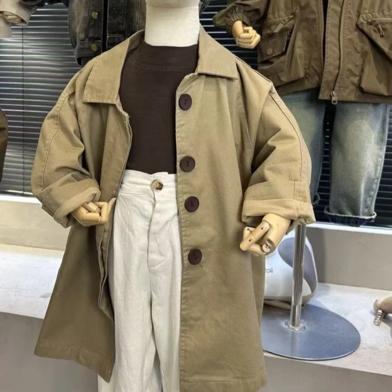 

Spring Fall New Boys Girls Solid Color Casual Trench Coat Children Fashion Mid-Length Windbreaker Kids Single Breasted Clothes