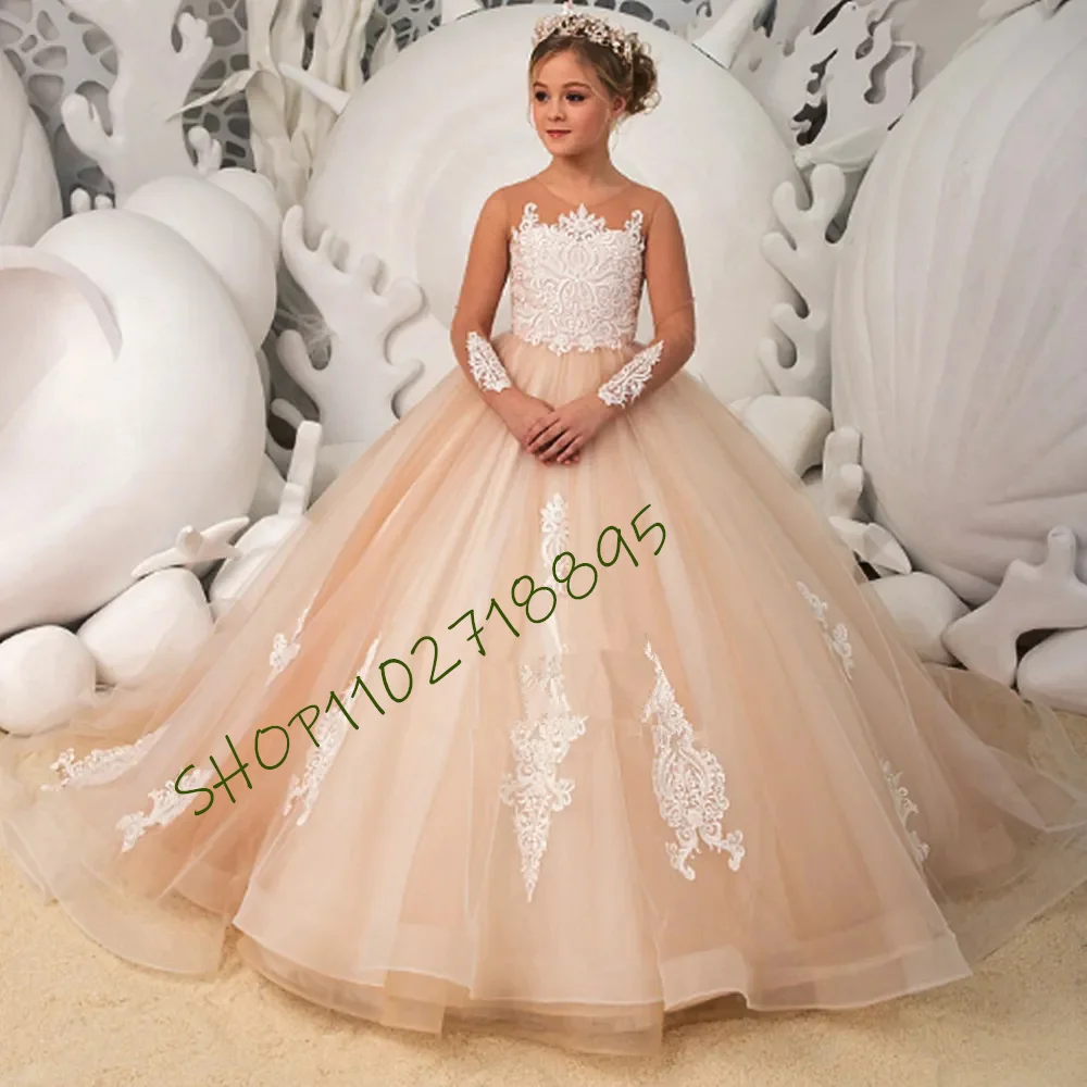 

Flower Girl Dresses Appliqué long Sleeves Wedding Butterfly Princess Lace Appliqued First Communion Customize Gown