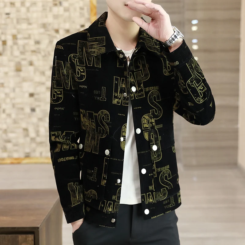 2021 Spring Corduroy Letter Printed Jackets Men Casual Business Coats Luxury Retro Turn Down Collar Windbreaker Streetwear Top