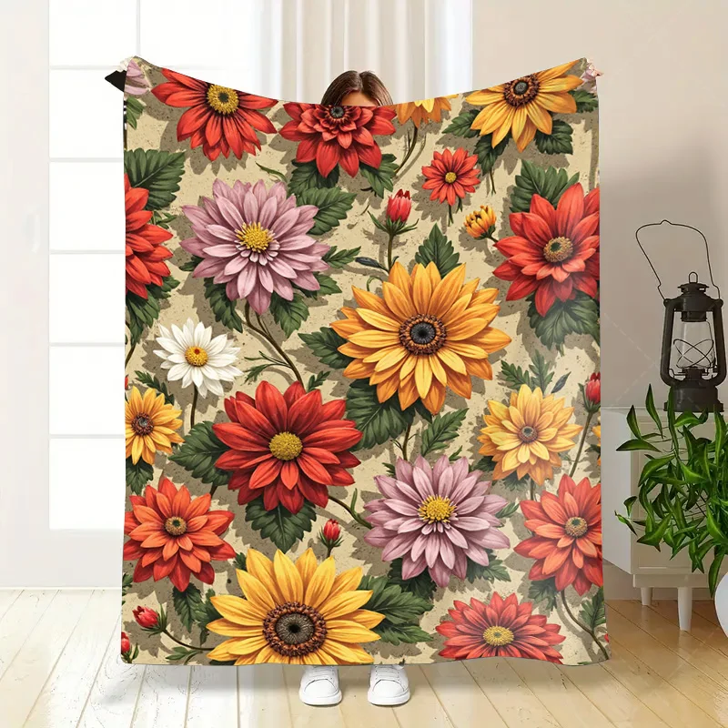 1 قطعة بطانية الفانيلا نابضة بالحياة الأزهار طباعة رمي بطانية لديكور غرفة المعيشة المريحة