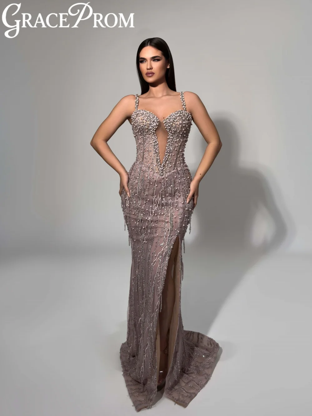 

New Arrival Opulent Pearls Evening Dress Thin Straps High Slit Formal Party Gown Customized Sparkly Beaded Banquet Gowns