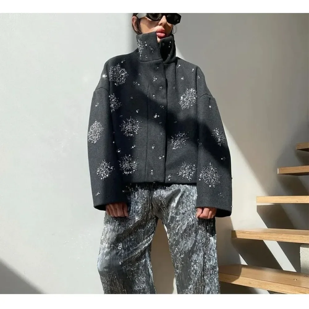 

Свободные куртки с однотонными бриллиантами для женщин, пальто с воротником-стойкой и длинными рукавами в стиле пэчворк и карманами, женское новое пальто