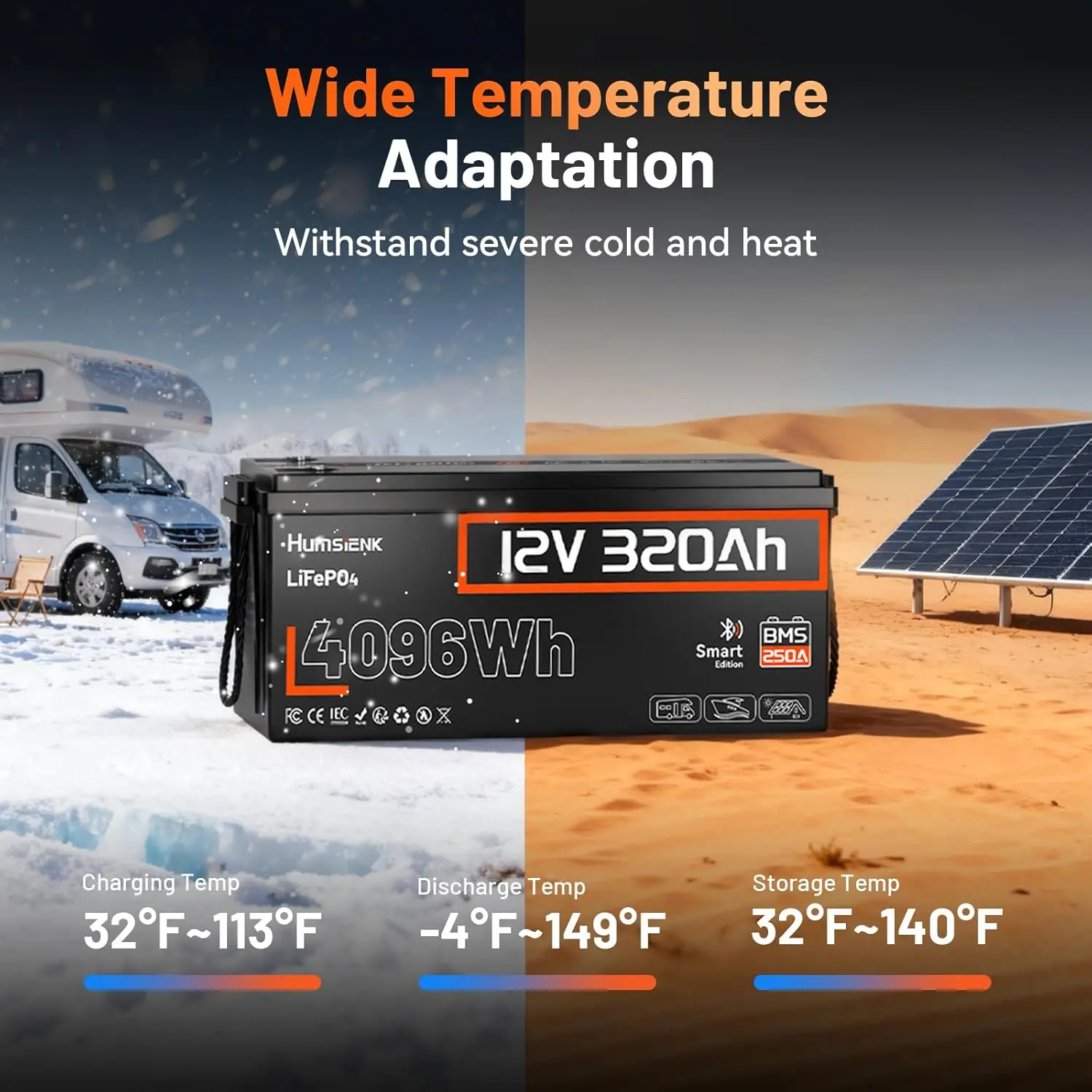12V 320Ah LiFePO4 Lithium Battery with Bluetooth, 250A BMS,15000+Cycles 320Ah LiFePO4 Battery, IP65 & Low Temp, Custom