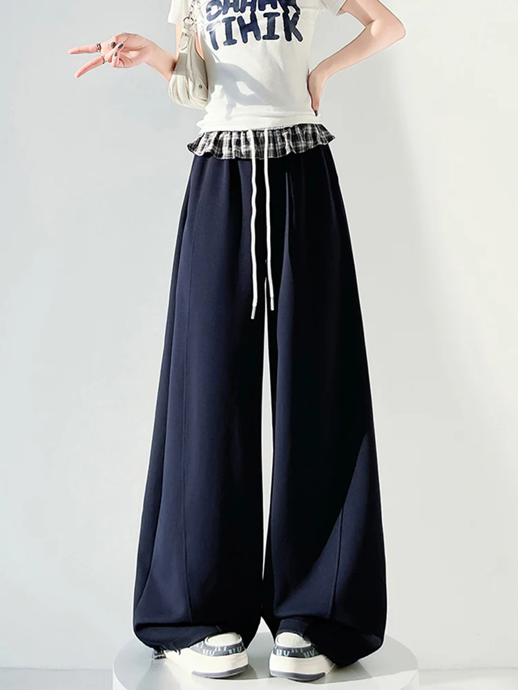 

Женские повседневные широкие брюки в клетку с рюшами и пэчворком в американском ретро-стиле, свободные спортивные штаны в стиле преппи для лета