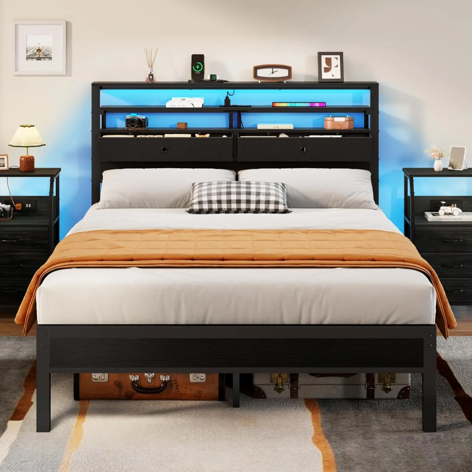 

Furnulem Full Size Bed Frame with Headboard & 2 Fabric Drawers, Full Platform Bed Featuring LED Lights, Built-in Charging Statio