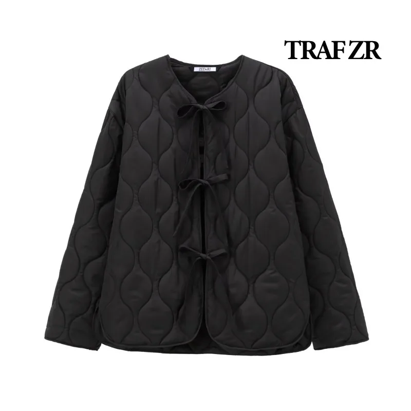 TRAF ZR Winter Parkas for Women Solid Padded Coat Warm Woman Winter Coats Elegant Luxury Women's Coat Black Bow Snow Parka