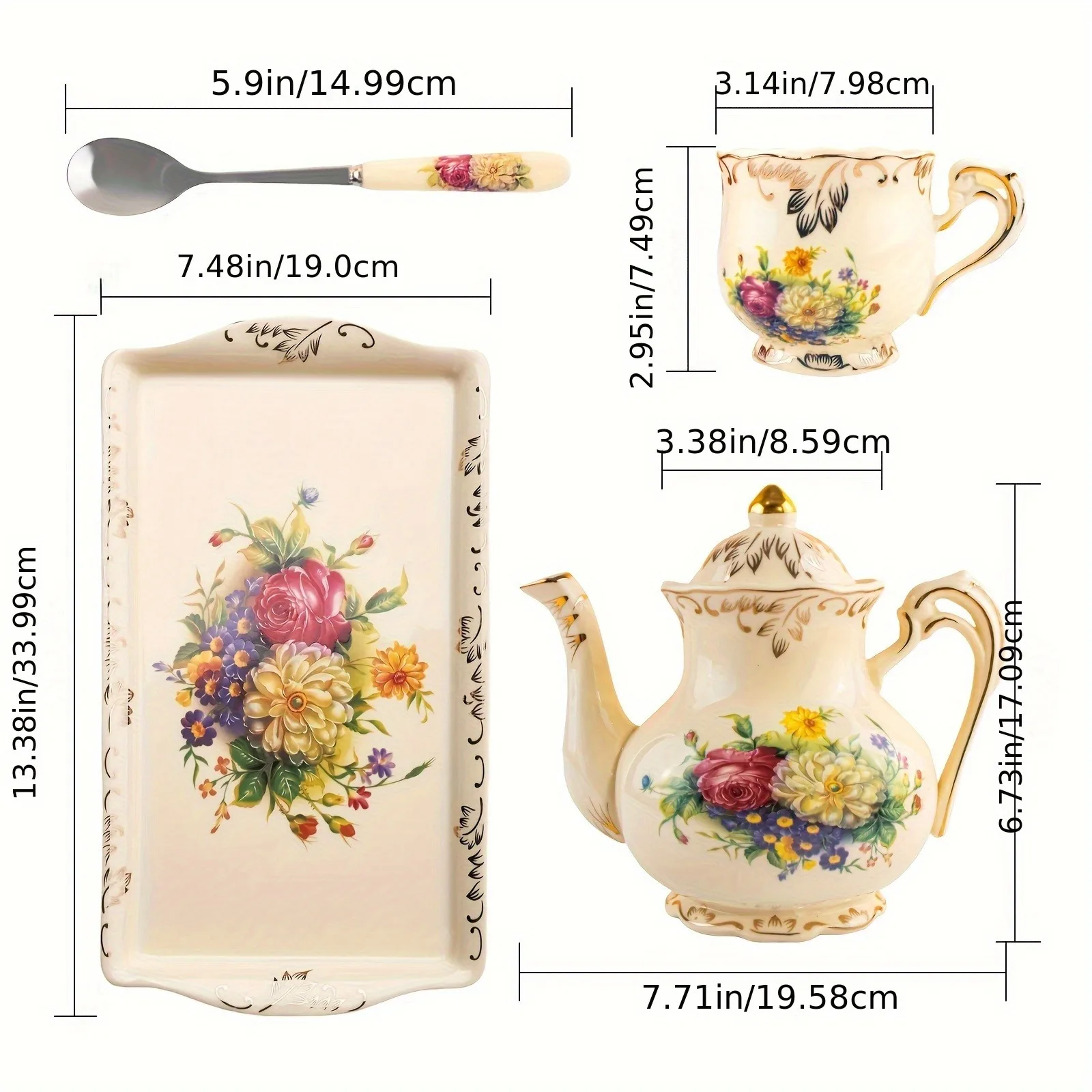 10pcs Classic British Porcelain Tea Set Elegant Tableware with Teapot Cups Spoons Tray for Home Tea Time