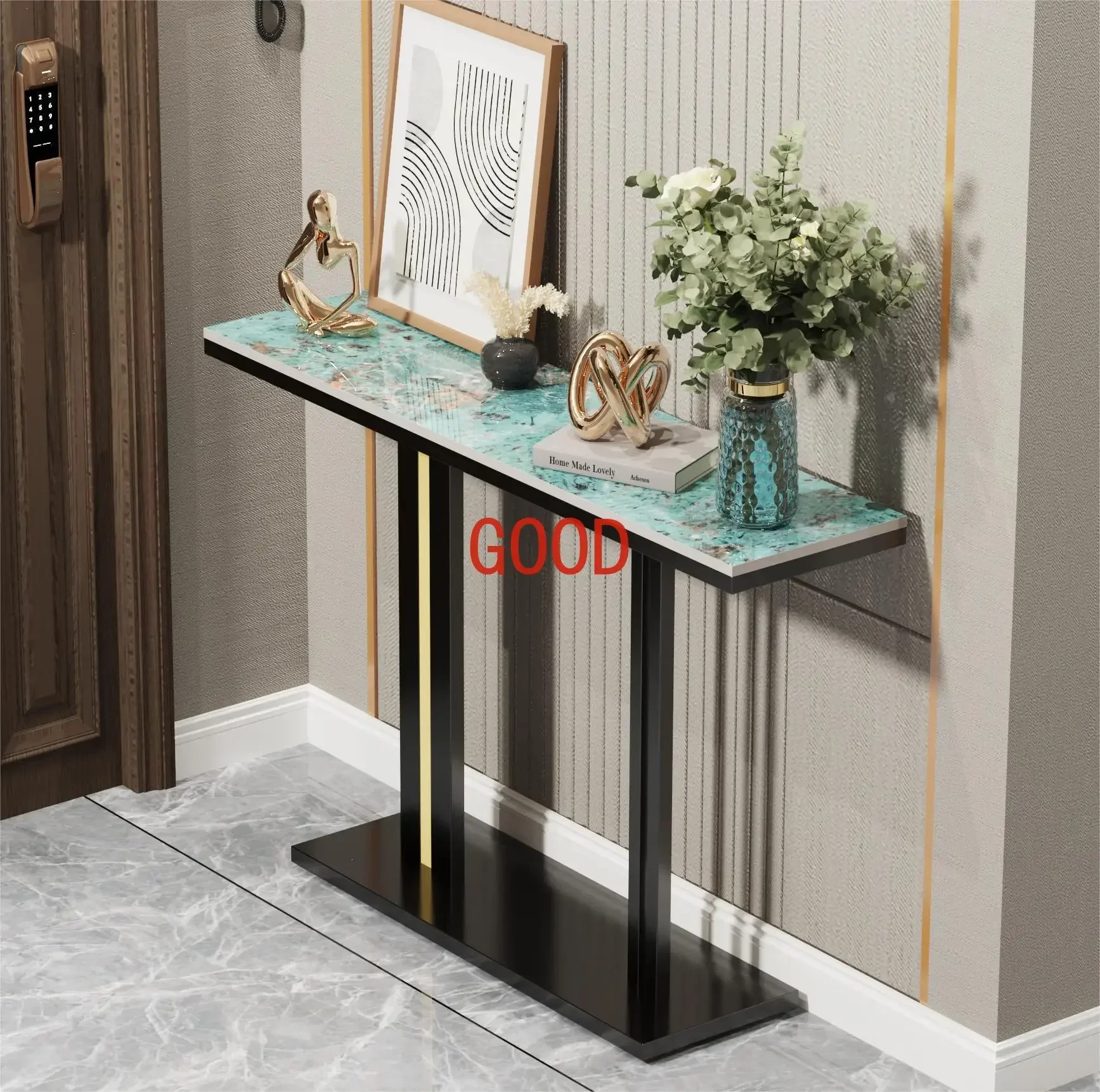 Delicate Texture Marble Console Table Living Room Bedroom Narrow Long Sofa Table Hall Display Stand Black Gold