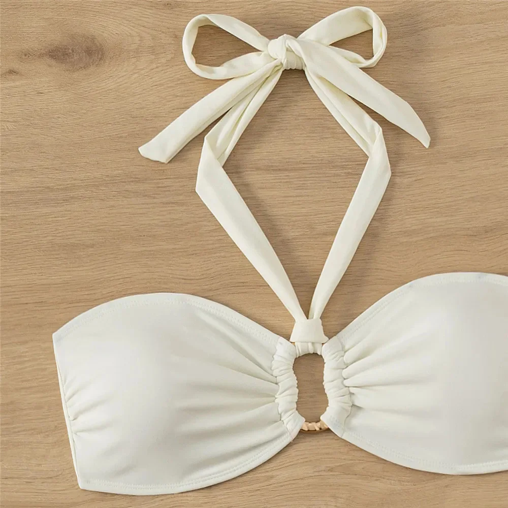 Halter Bandeau Solid White Bikinis Sets Woman Metal Ring Swimwear Hollow Out Sexy Swimsuit 2026 Bathing Suit Bikinis De Mujer