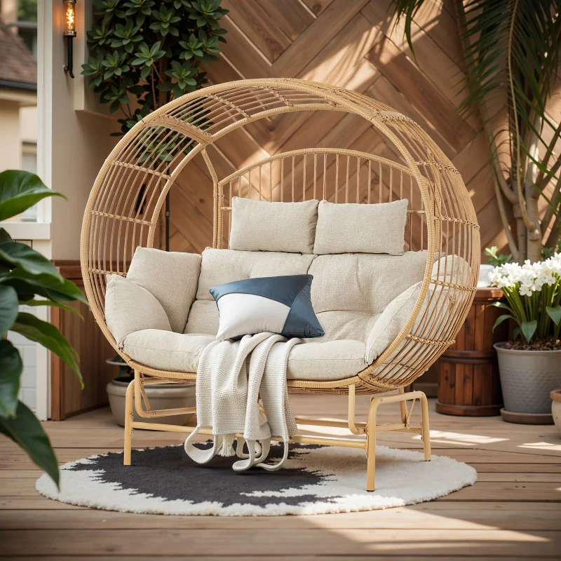 Double YellowPERattan Egg-Shaped Outdoor Rocking Chair，with Beige Cushion - Relax，Adjustable，Strong - Perfect for Patio，Garden O