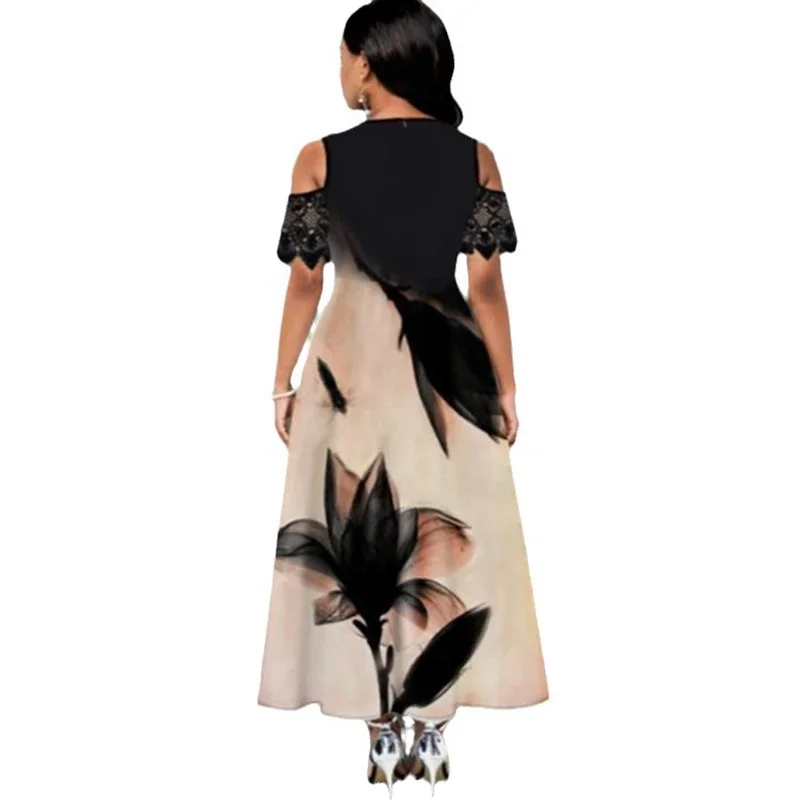 Robe longue d'été en dentelle pour femmes, manches dénudées, polyvalente, décontractée, col rond, impression d'épissure, Slim, taille haute, nouvelle collection