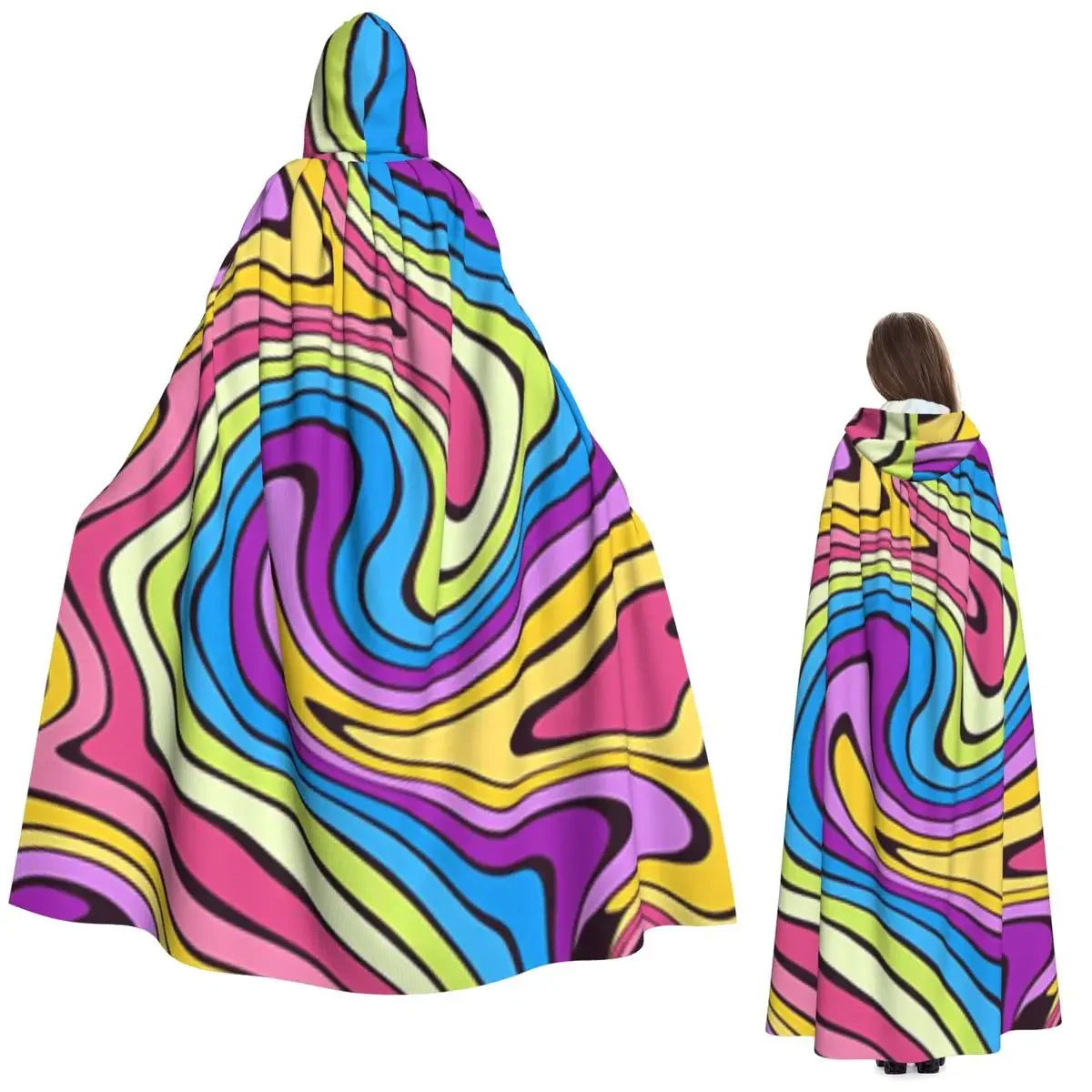 

Длинный плащ с капюшоном и психоделическим геометрическим принтом вихревого цвета, средневековый костюм ведьмы, косплей