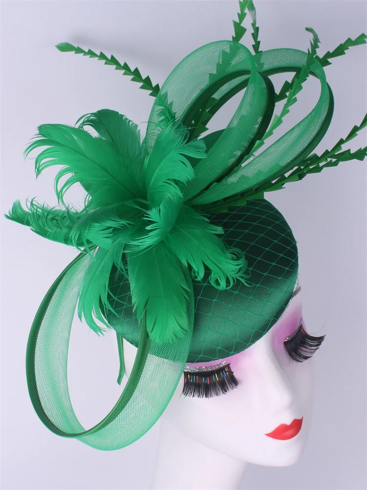 السيدات الملكي أسكوت فاتحة قبعة الزفاف ريشة قبعة أغطية الرأس النساء الكنيسة حفلة علبة حبوب منع الحمل مع رباطات العروس حفلة قطع زينة #3