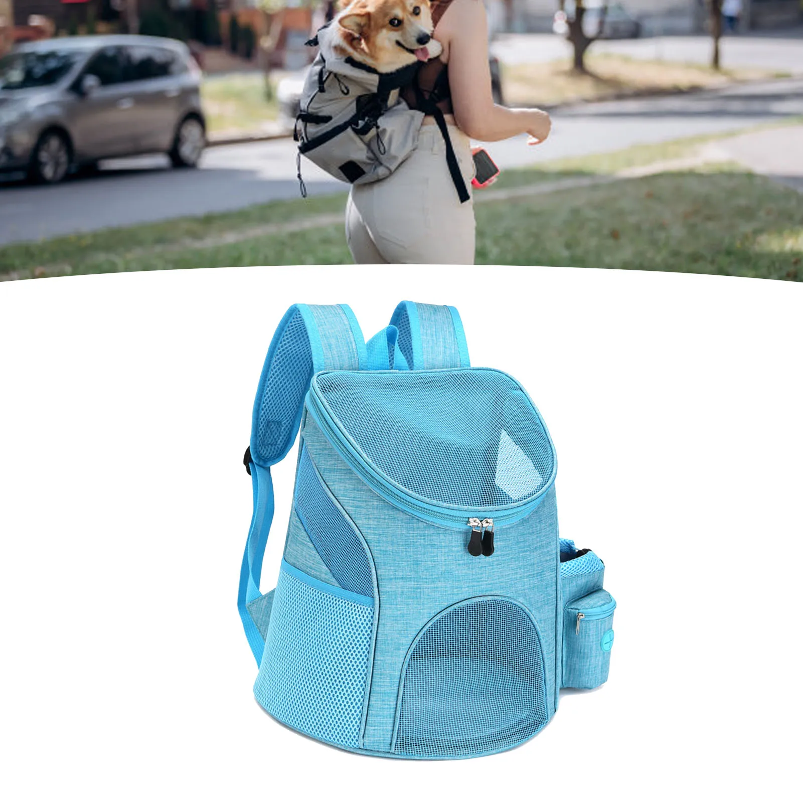 Light Blue S Size Dog Carrier Backpack Nylon Polyester Breathable Mesh Foldable Portable with Snack Pocket for Small Pets