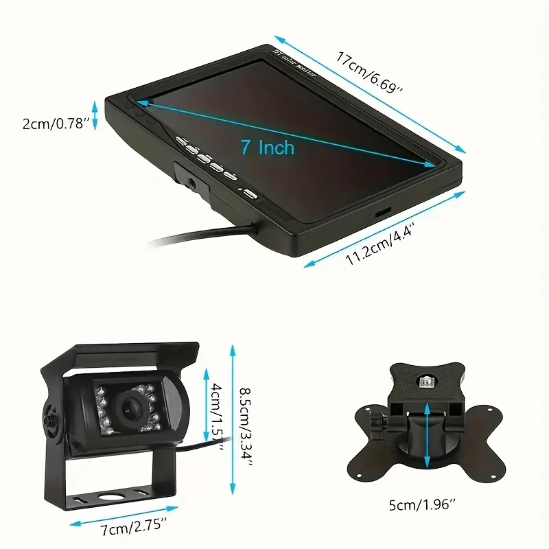 Reverse Camera Parking Assistant - Truck Rear View Backup Kit - With 7 Inch Monitor Display For Car Bus Trailer Pickup Vehicle