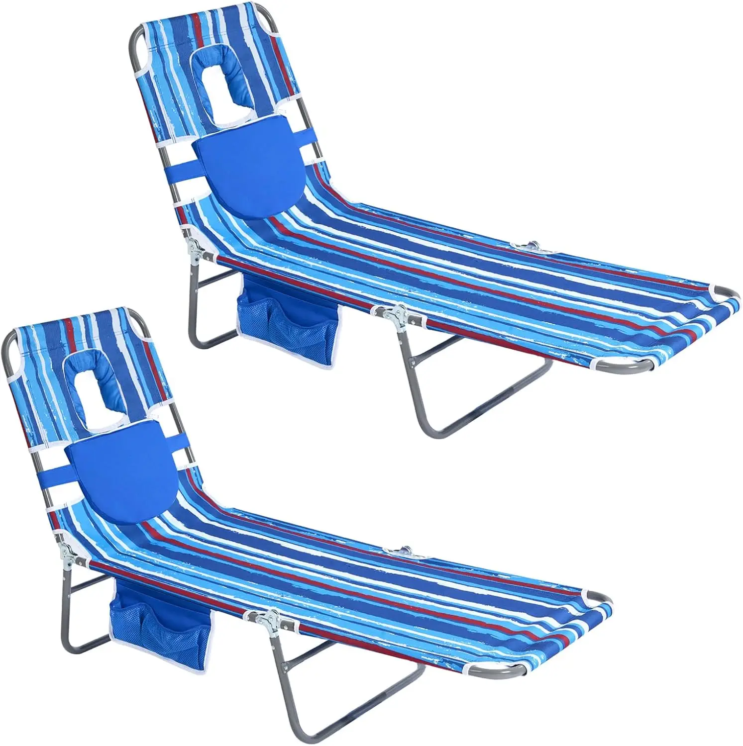 ^Lay Flat Tanning Chair 2 Pack with Face Down Hole & Arm Slots, Beach Lounge Chair, 5-Position Folding Sunbathing Chair, 300