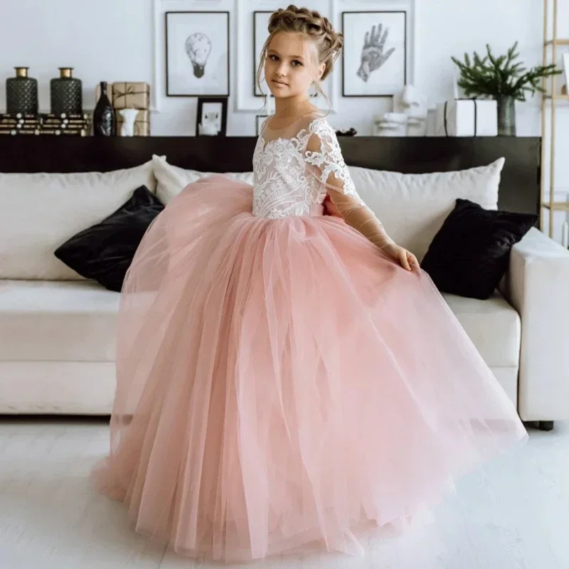 2025 Royal Style Girls Lace Princess Dress Long Gown Birthday Party Flower Girl Wedding Performance Floor Length