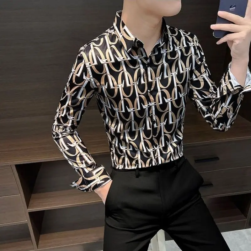 Men\'s Clothing Letter Printed Shirt Long-sleeved Slim-fit Handsome High-end Casual Printed Shirts