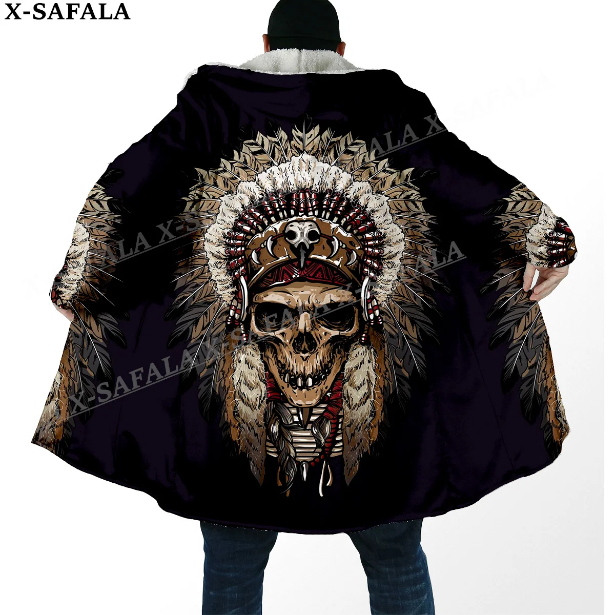 Tribal Native Chief Spirit Skull/Wolf Thick Warm Hooded Cloak Men Overcoat Coat Windproof Fleece Cape Robe Hooded Blanket-1