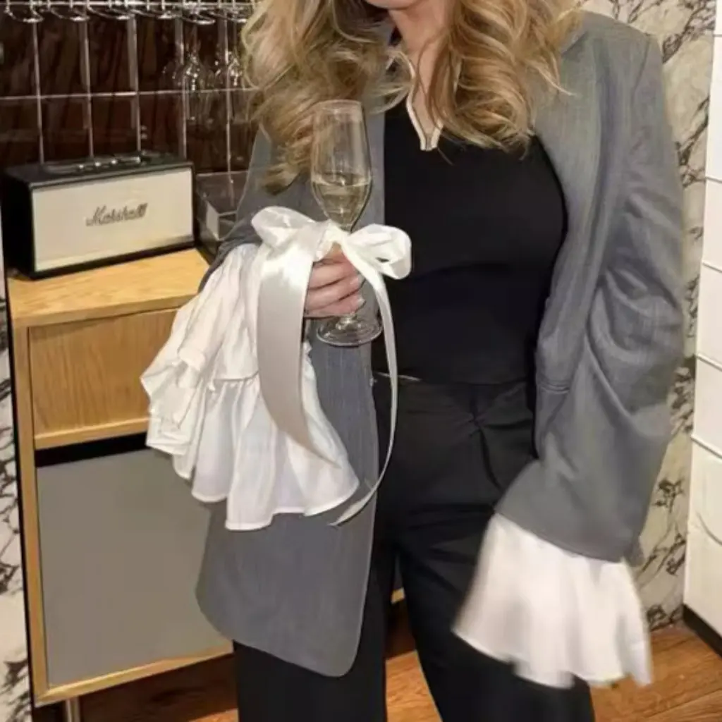 

Women's Detachable Splice Sleeve Striped Suit Jacket American Style Loose Lapel Casual Autumn Outerwear Hot Girl Fashion