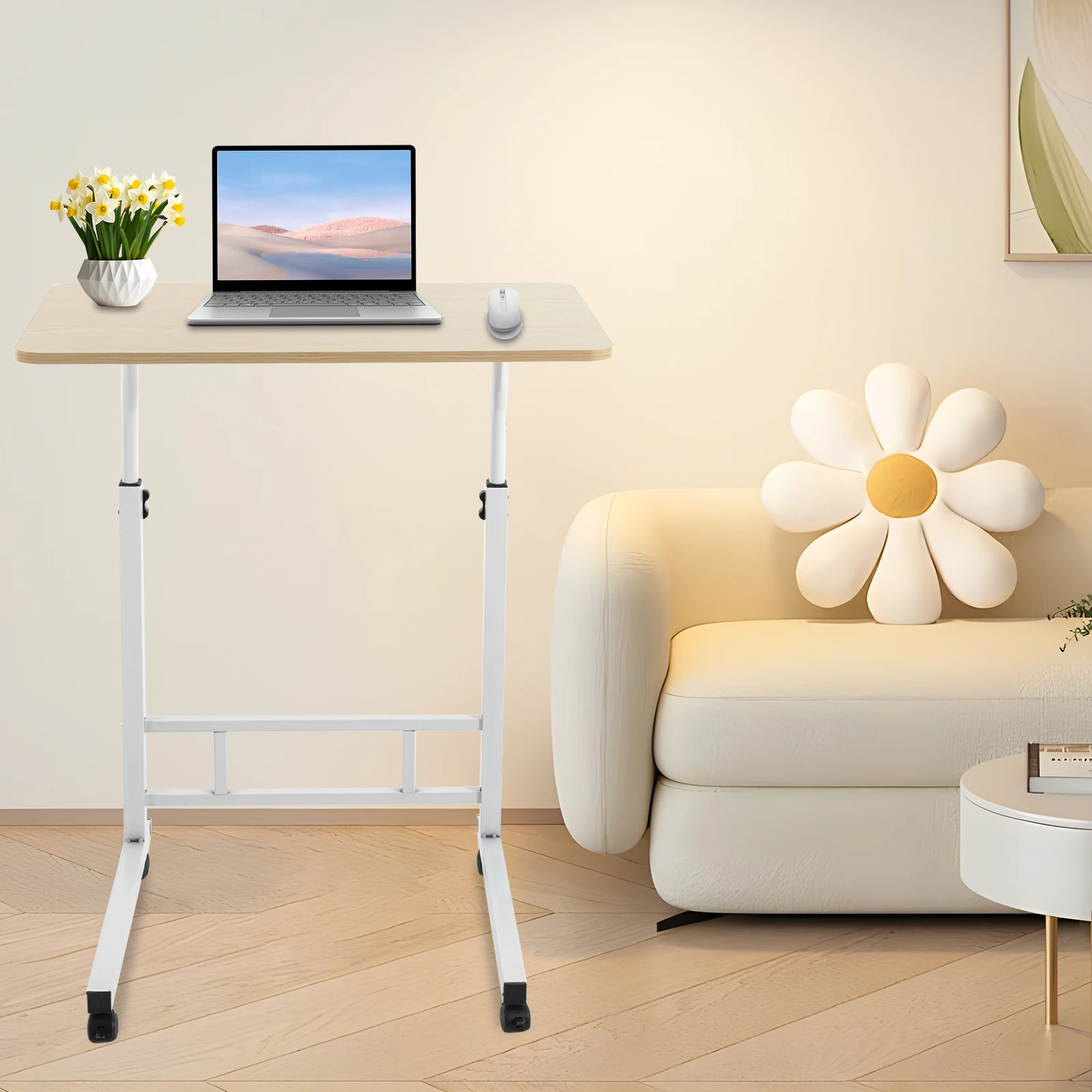 Floor Standing Laptop Desk, Height Adjustable with 4 Wheels, Portable Removable Computer Stand, Bedside Desk