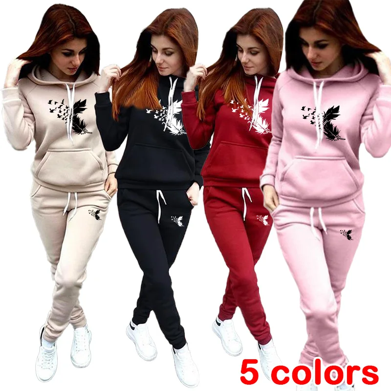 

2024 women's sportswear hooded jogging set fashionable printed trend sportswear hooded shirt+sports pants 2 pieces