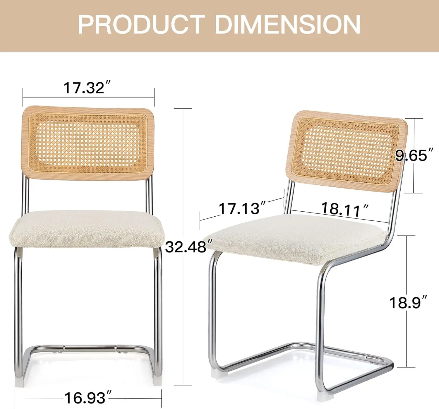 Cadeiras de jantar modernas ajustadas com quadro grosso do tubo, Boucle estofado, espaldar do Rattan, 2 dentro, 32,5 dentro