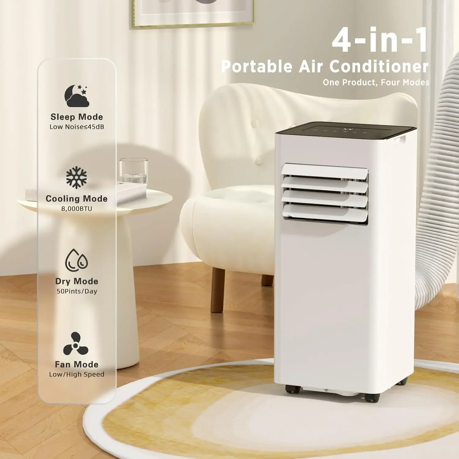 AC portabel 8,000 BTU, penyejuk udara hingga 350 Sq.Ft, 4 mode portabel AC dengan mode keren/Dehumidifier/Mode kipas/Remote