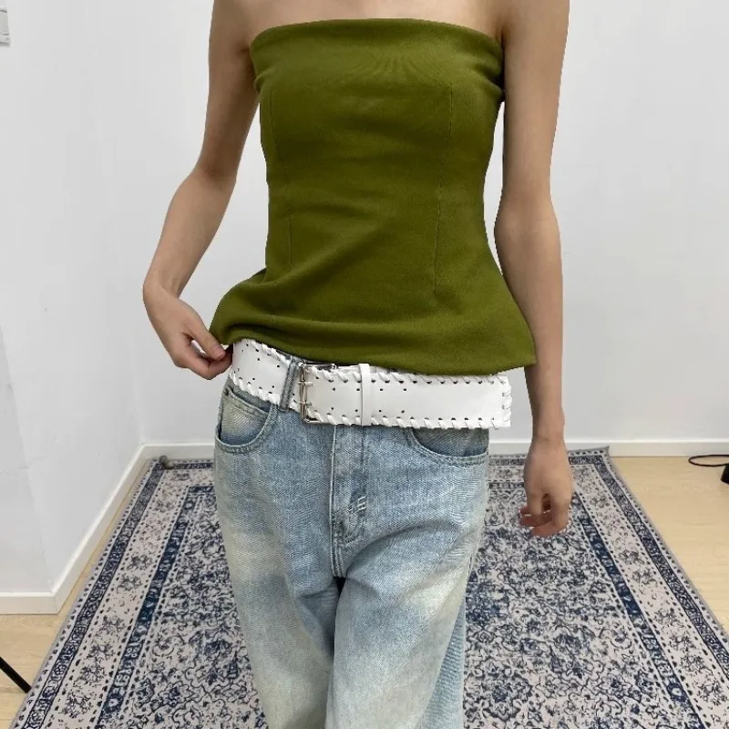 White Wide Belt for Women Y2K Vintage Braided Woven Edge PU Leather Waistband Gothic Punk Double Prong Buckle Jeans Belt