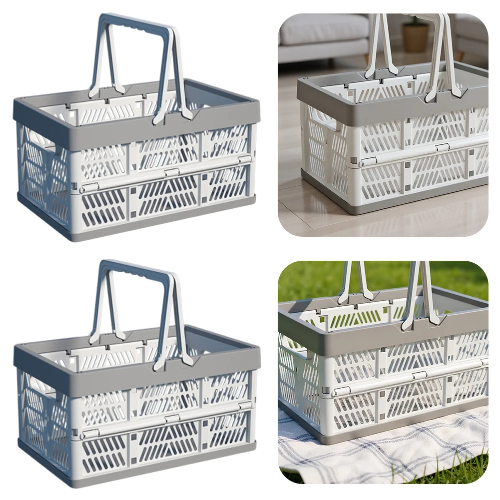 قفص بمقبض بلاستيكي قابل للطي مع سلال تخزين بمقابض كبيرة قابلة للتكديس لغرفة المعيشة في المطبخ وتنظيم سطح المكتب #1