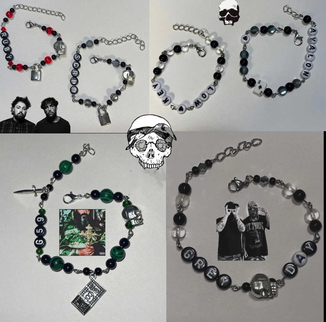 Skeleton themed bracelet with lock head, banknote pendant bracelet