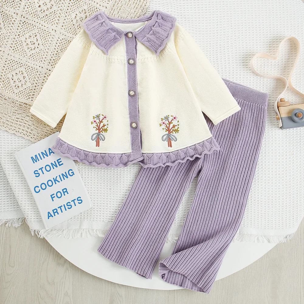 Spring Children Girls Sweater Outfits Cartoon Embroidery Large Hem Cardigan Coat Suits Solid Ribbed Elastic Wiast Straight Pants