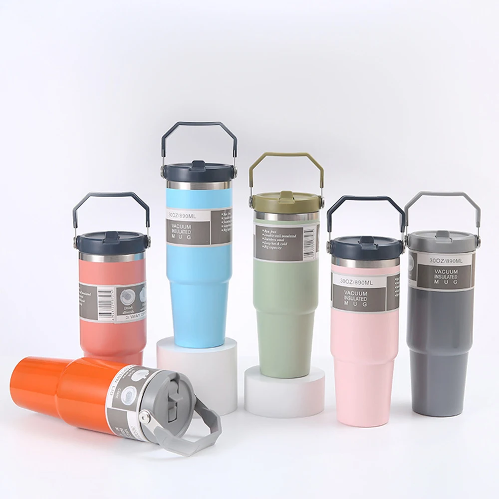 30OZ Portable Car Cup Stainless Steel Thermos Cup with Straw Travel Sports Water Bottle With Handle Cover Coffee Vacuum Flask