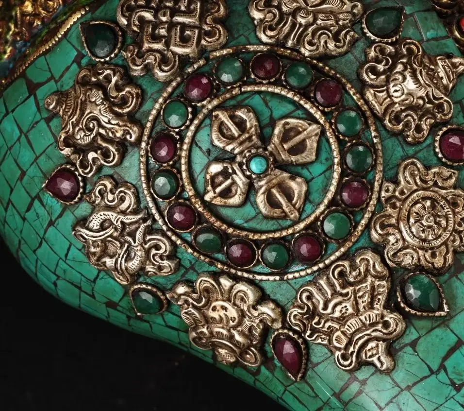 Tibetan Temple Collection  Old Bronze Outline in gold Mosaic Gem Turquoise Dragon Texture Eight Treasures Buddha Conch Amulet