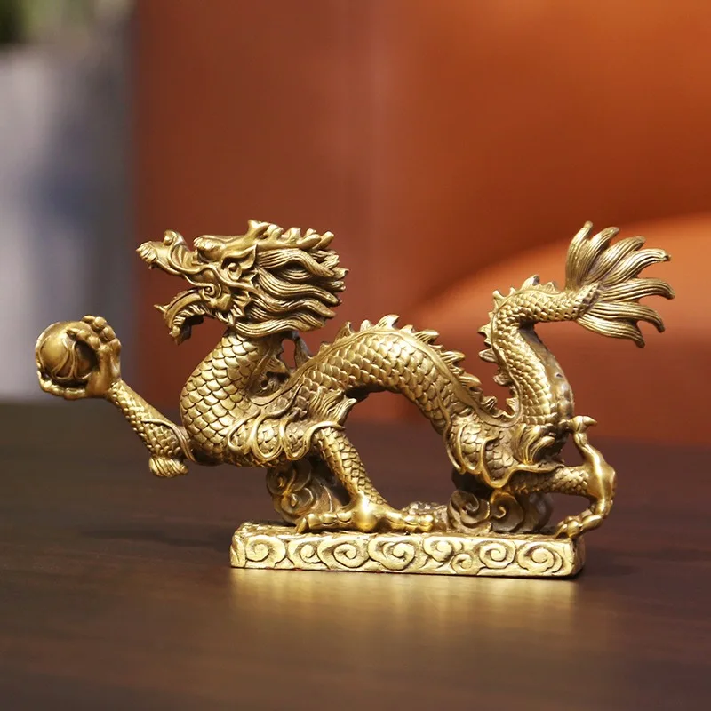 Copper Dragon Figurine with Ornate Cloud Base Chinese Style Zodiac Ornament for Home Office Desk Indoor/Outdoor Use
